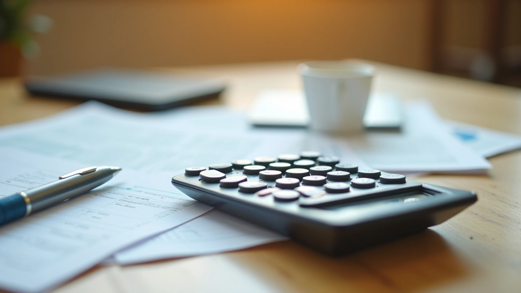 Calculator showing calculations on desk with spreadsheet and financial documents