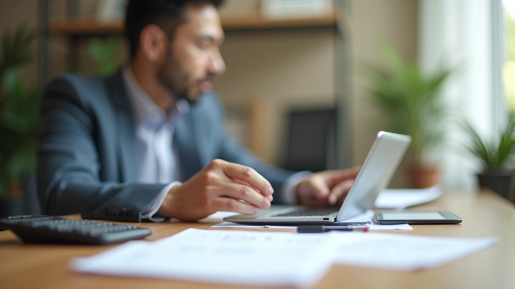 Freelancer working at laptop with financial planning documents and calculator on desk
