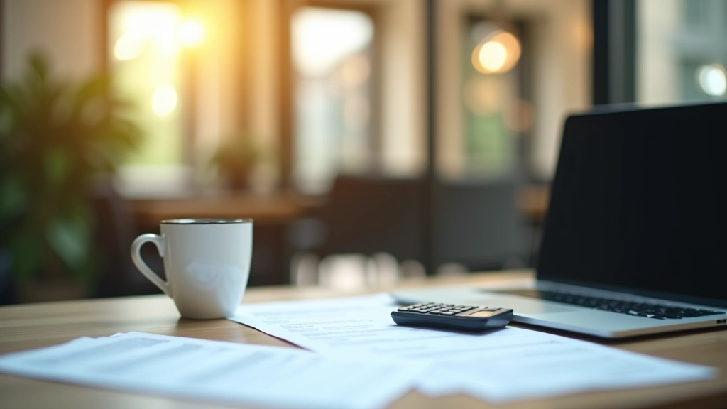 Modern office workspace with financial planning documents and laptop
