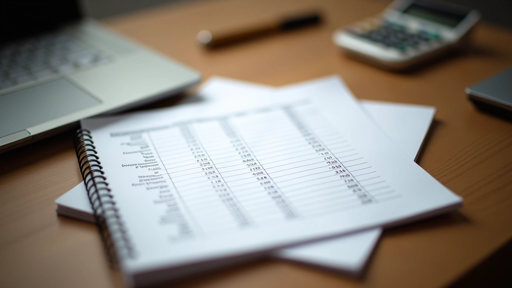 Notebook with budget spreadsheet and calculator on wooden desk with pen and coffee