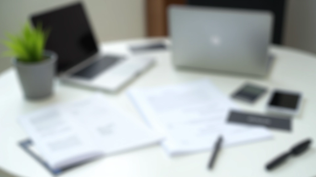 Collection of common business expense items including laptop, office supplies, and invoices