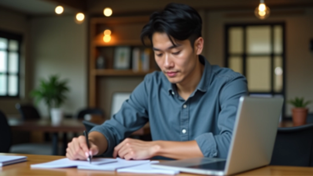 Person at desk reviewing organized expense documents and digital records