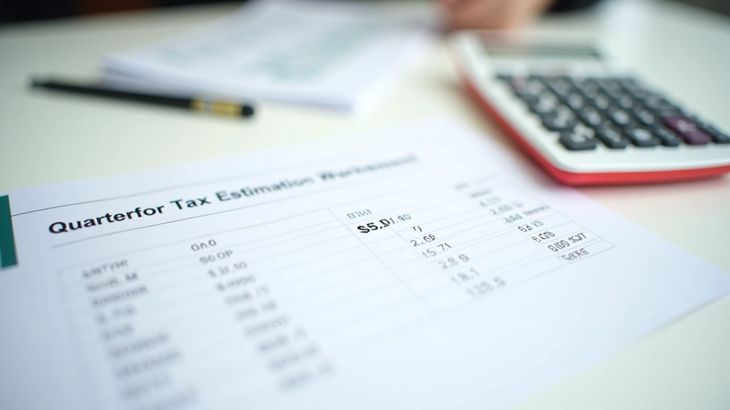 Tax calculation worksheet with quarterly estimates and income figures laid out on desk