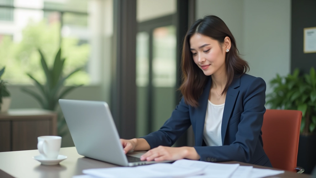 Professional woman at laptop reviewing financial documents and EPF contribution forms