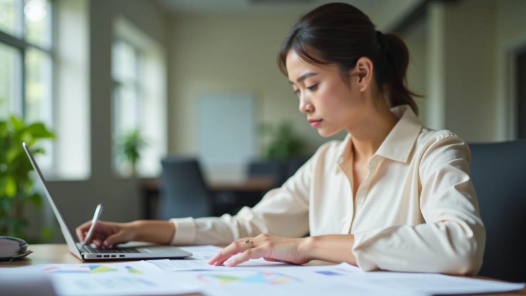 Woman reviewing financial spreadsheets and budget planning documents at modern workspace